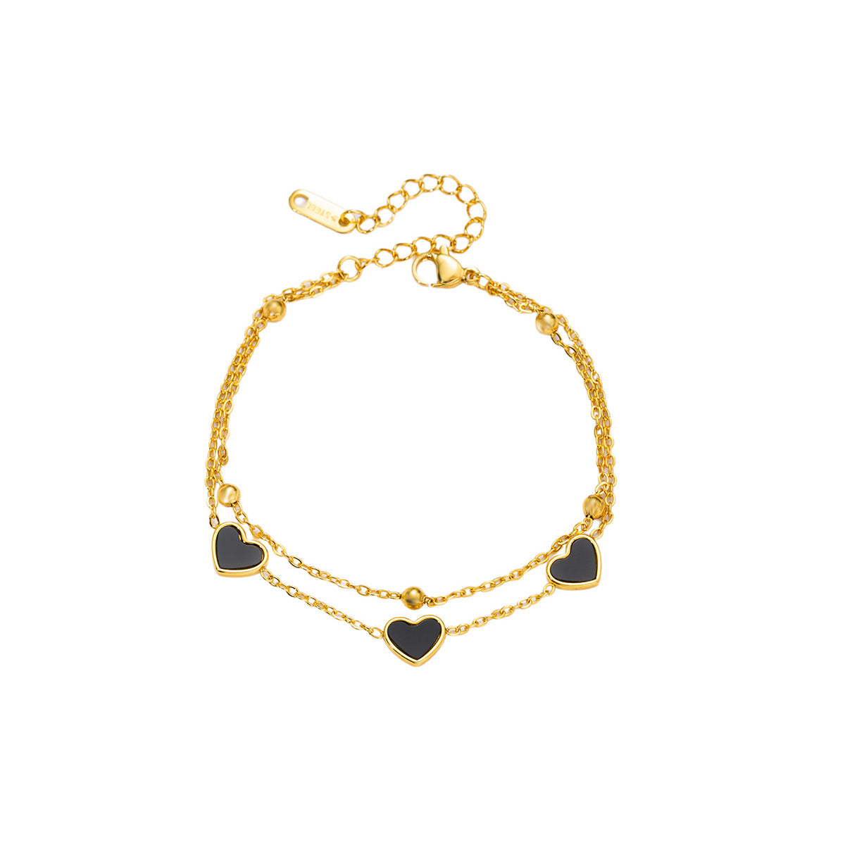 Wholesale Korean Fashion Women S Stainless Steel Heart Rhinestone Layered Bracelet Black White Double Sided Jewelry Accessory Everyday Gift