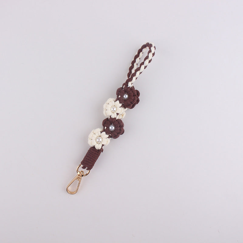 Wholesale Handwoven Pearl Flower Keychain Cute Candy Color Phone Lanyard With Cotton Rope Chic Bag Charm Everyday Use