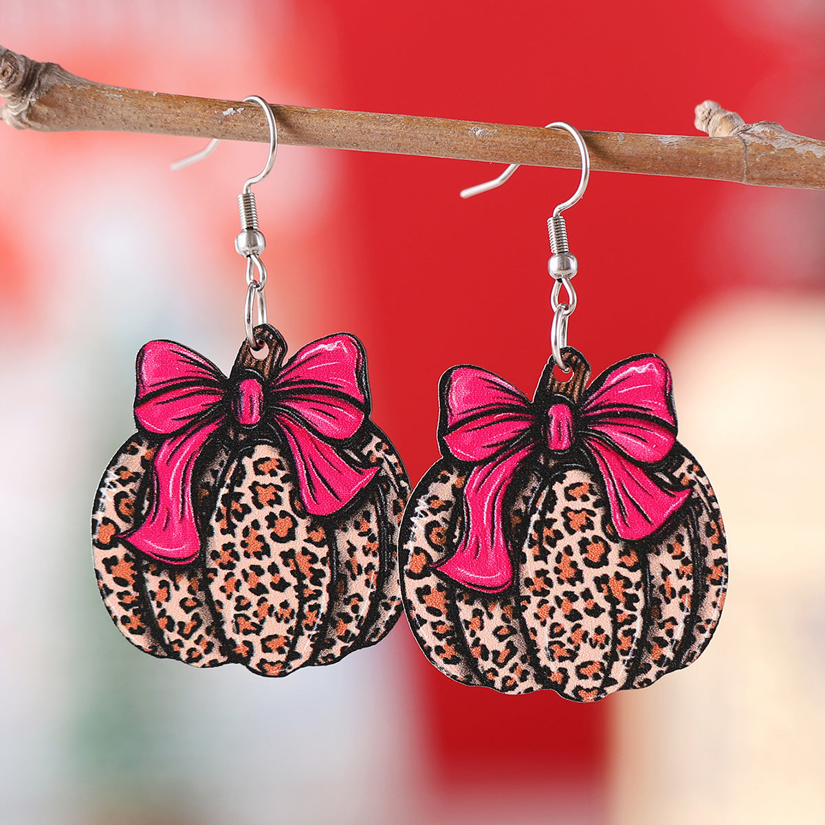 Wholesale Thanksgiving Hat Bow Leopard Print Pumpkin Wood Western Style Earrings ACC-ES-ChuLian078