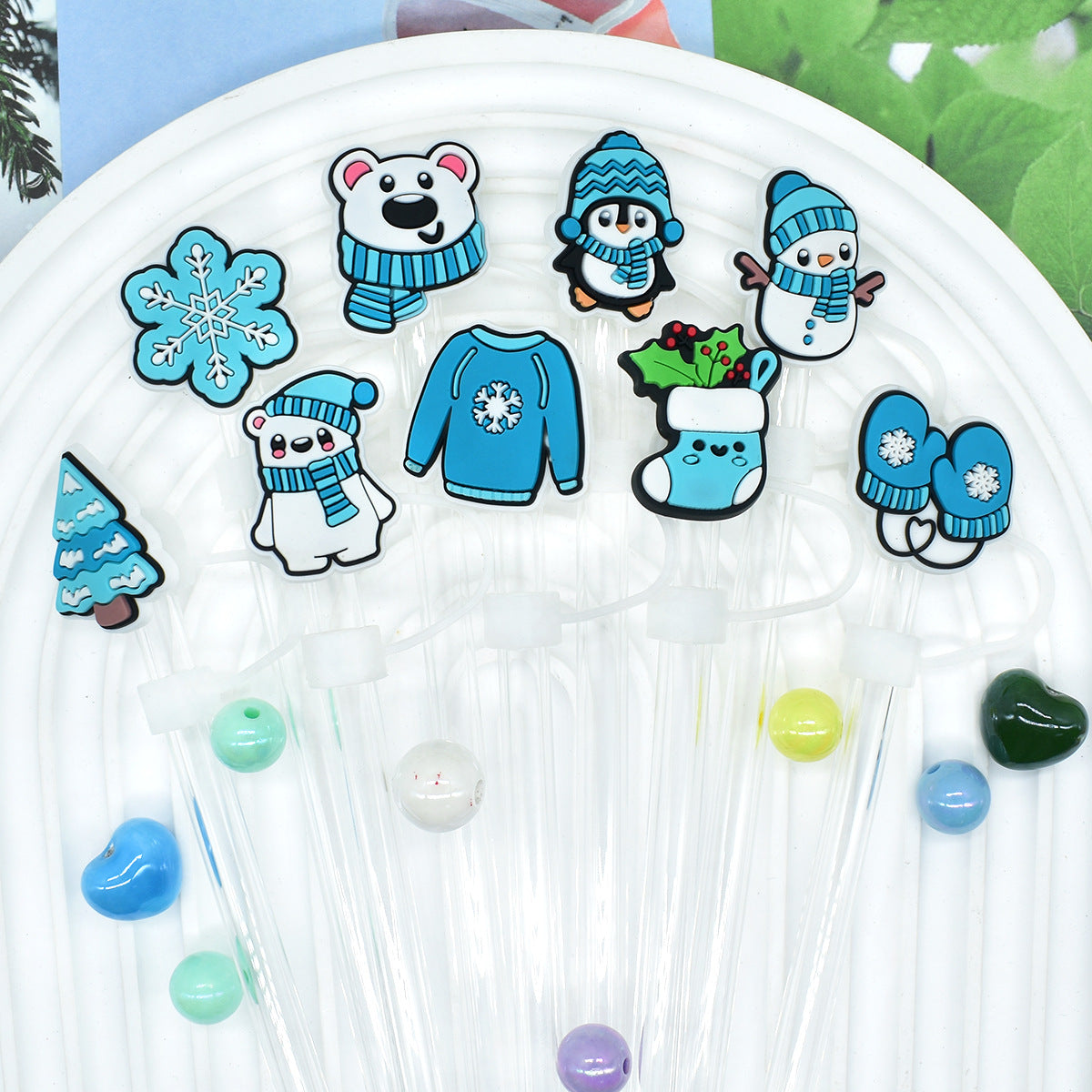 Wholesale Random 100pcs Winter Series 10mm PVC Soft Straw Tube Cap ACC-SCR-RYY081