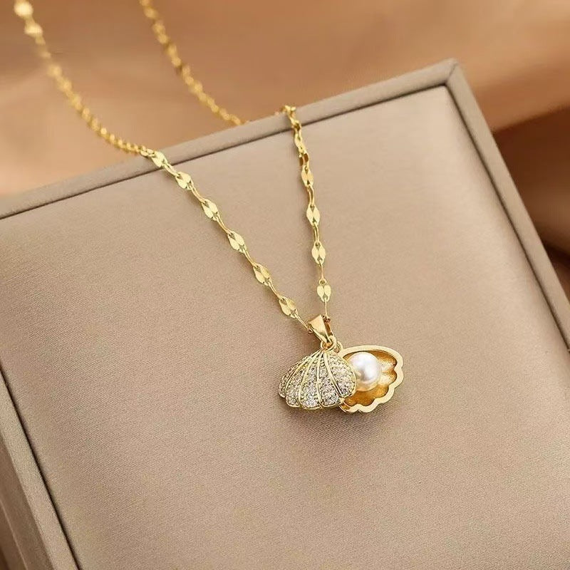 Wholesale Korean Style Shell Pearl Zircon Stainless Steel Necklace – Chic Jewelry Accessory for Women