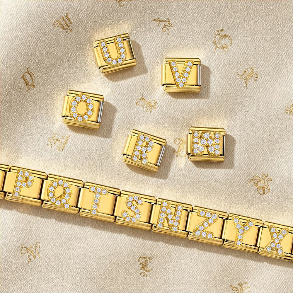 Wholesale Fashion Italian Style DIY Letter Modular Bracelet Stainless Steel Gold Tone Rhinestone Jewelry Accessory For Boutique Resale