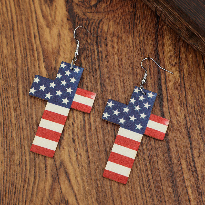 Wholesale Wooden American Flag Cross and Five Pointed Star Earrings