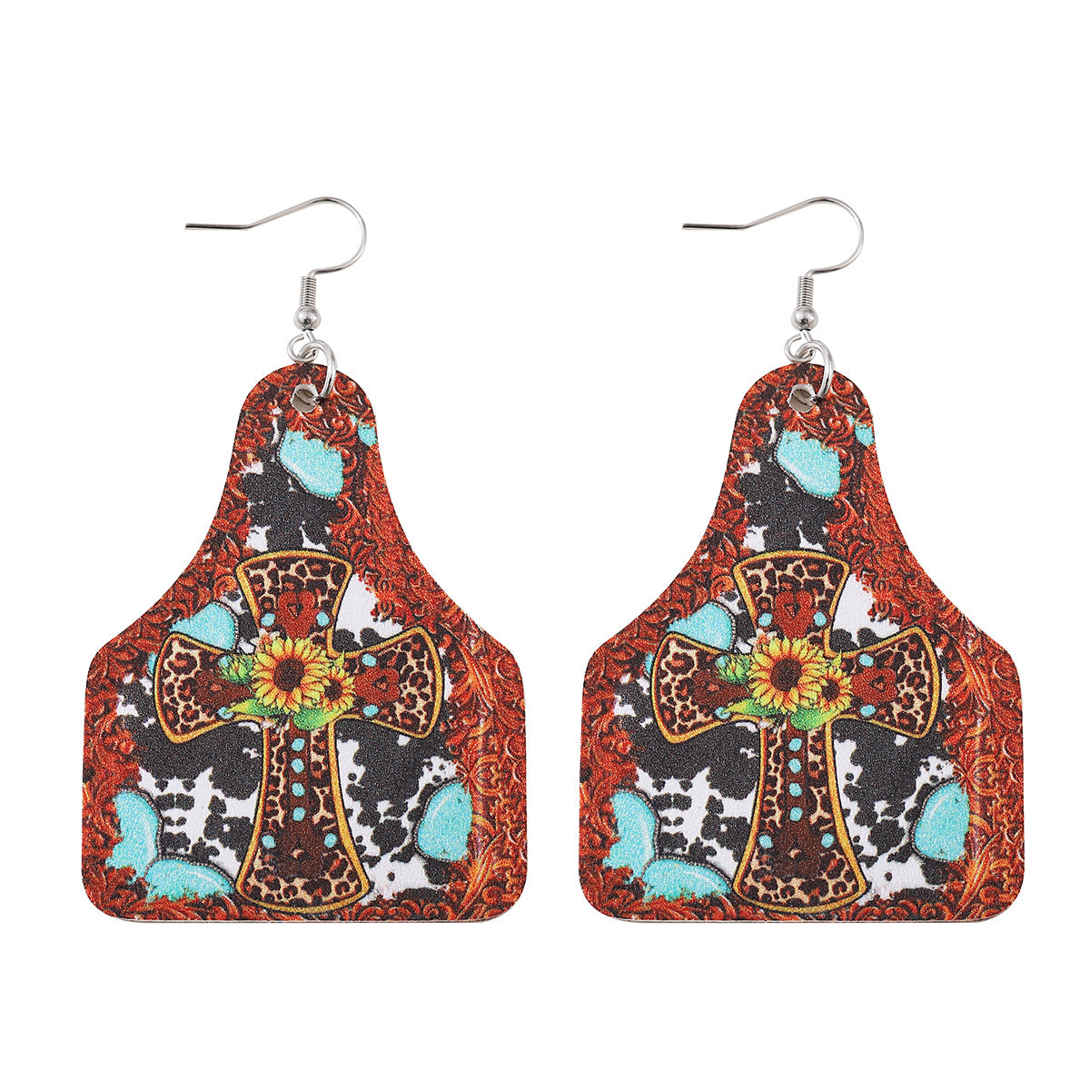 Wholesale Western Style Leopard Cow Pattern Sunflower Cross Leather Earrings ACC-ES-ChuLian138