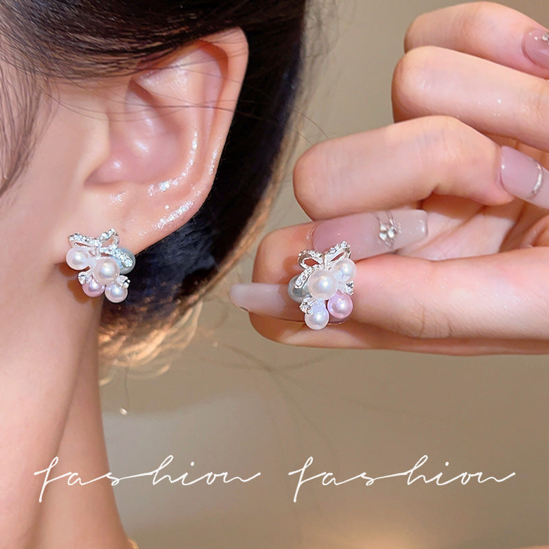 Wholesale Korean Style Colorful Pearl Grape Cluster Bow Earrings Summer Sweet Fashion Jewelry Accessory For Party Gift