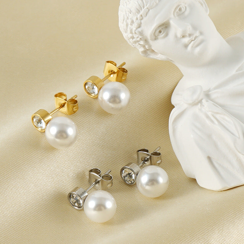 Wholesale Stainless Steel Pearl Diamond Stud Earrings Titanium Steel 18k Earrings ACC-ES-Zhongy004