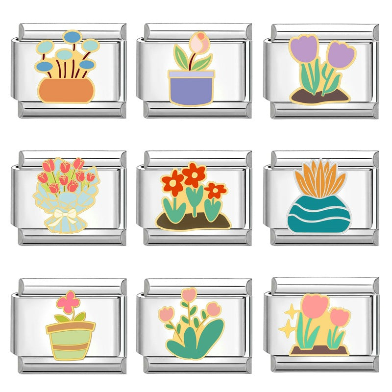 Wholesale Italian Charm Bracelet 9mm DIY Splicing Creative Flower Plant Stainless Steel Composable Bracelet