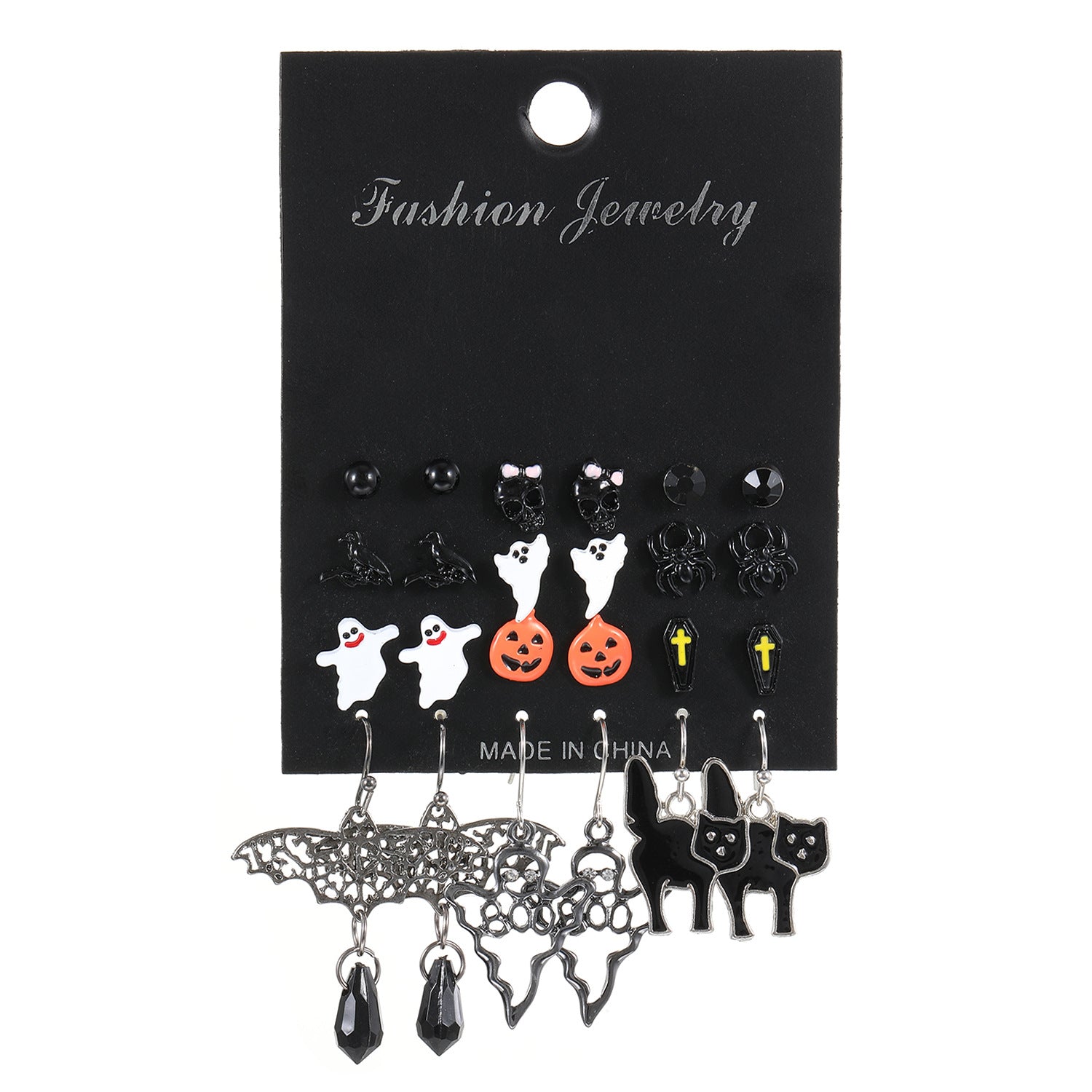 Wholesale Alloy  Earrings 12-Pair Card Pack Crow Witch Pumpkin Skull Design Fashion Accessory