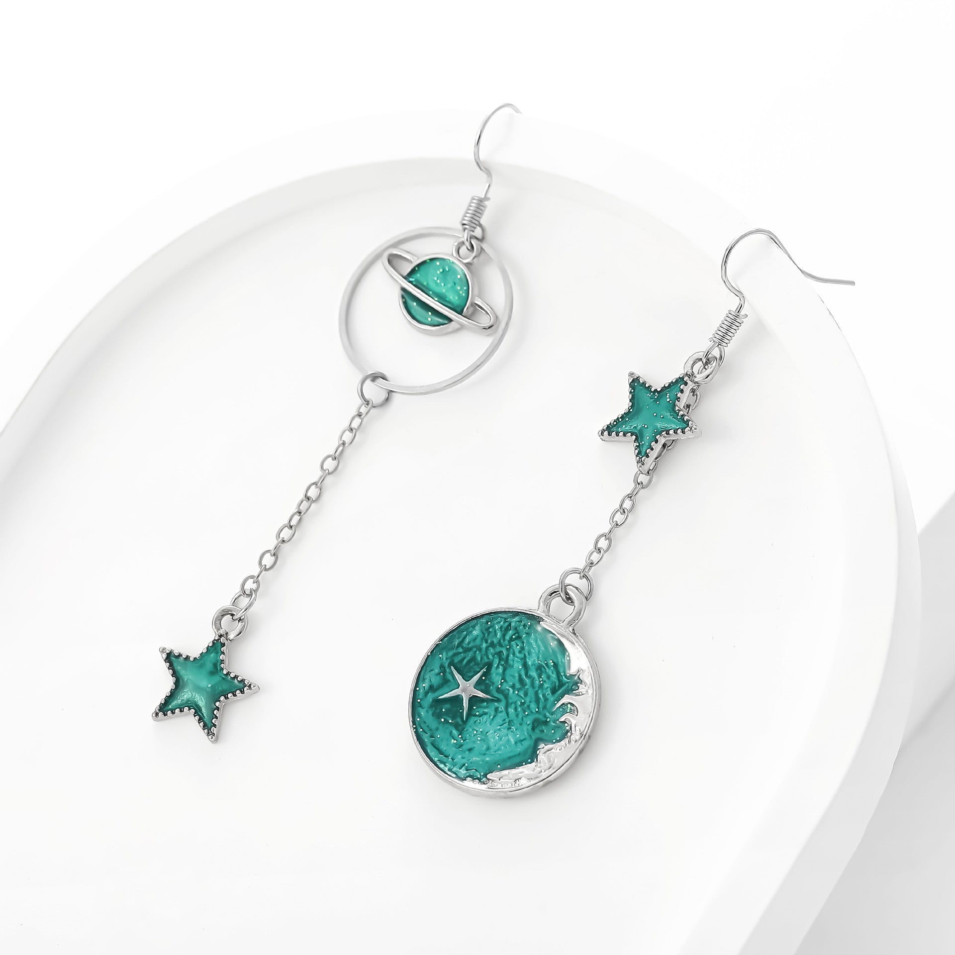 Wholesale 4pcs/set Fashionable oil drop star moon shape planet asymmetrical earrings