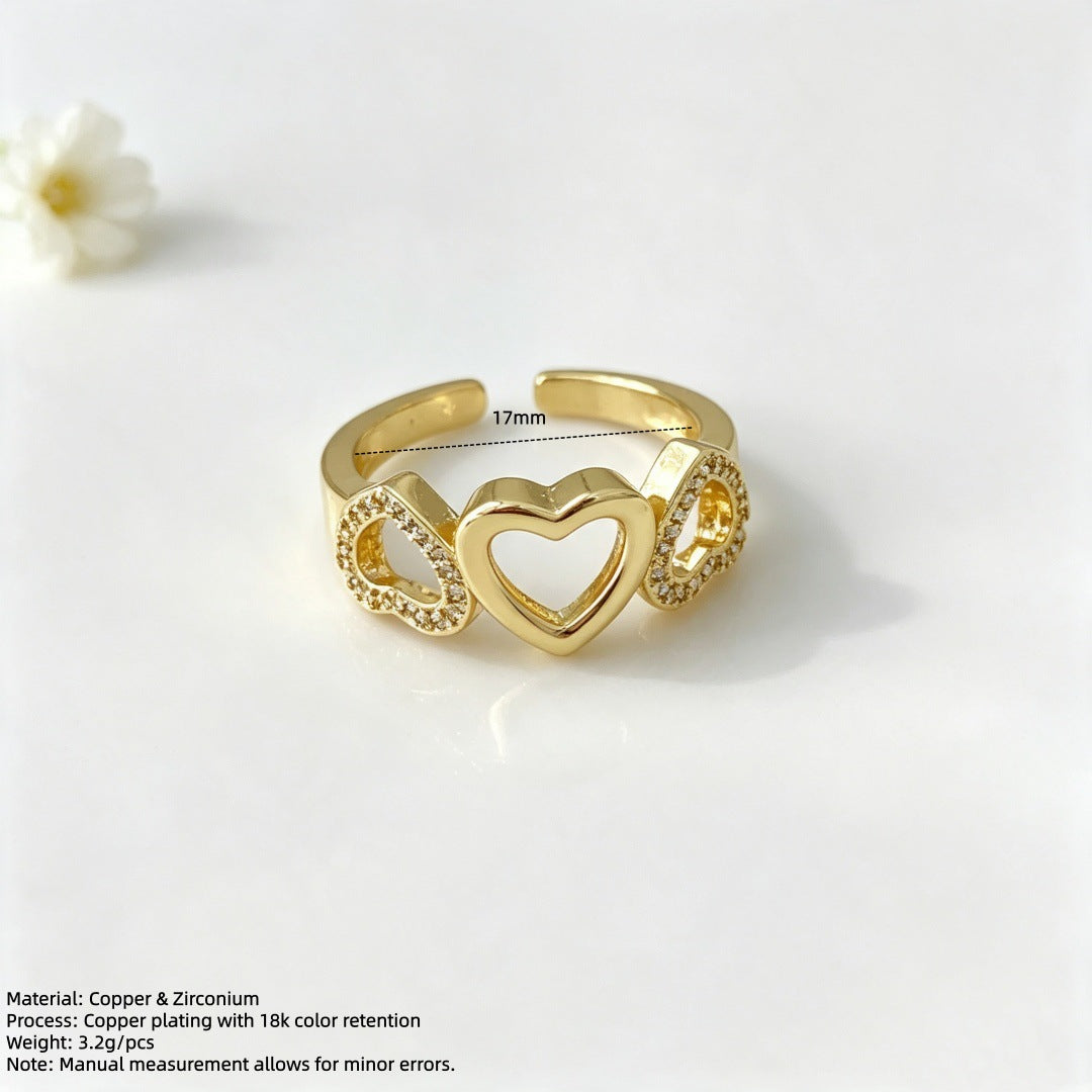 Wholesale Heart Cutout Open Ring 18K Gold Plated Zircon Adjustable Ring Fashion Accessory Gift