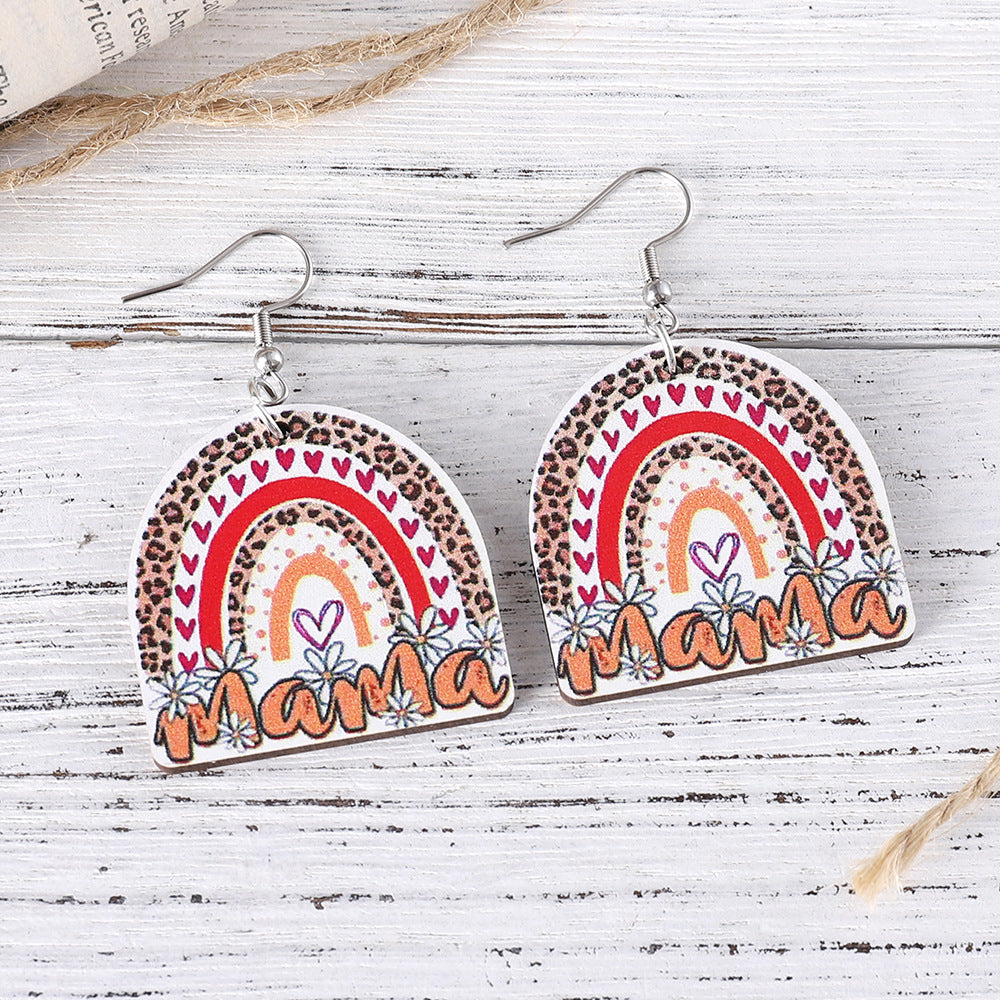 Wholesale Mother's Day MAMA MOM Leopard Sunflower Rainbow Hollow Pendant Wood Earrings ACC-ES-ChuLian094