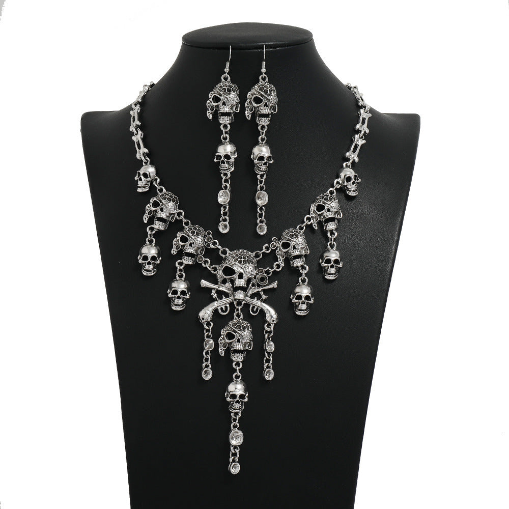 Wholesale  Skull Pirate Fringe Jewelry Set - Ancient Silver Alloy Earrings and Necklace,  Fashion Accessory for Boutique Resale