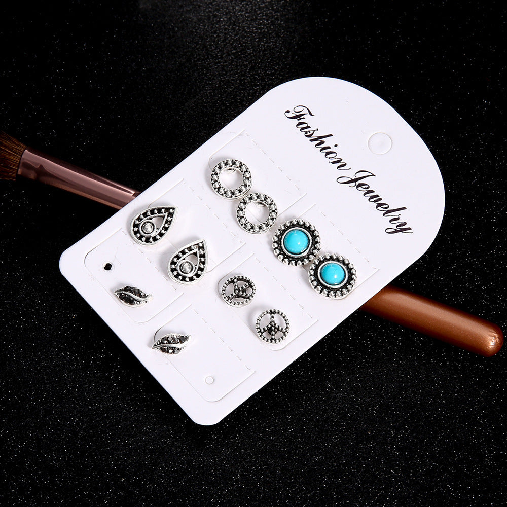 Wholesale Bohemian retro hollow turquoise geometric circle earrings