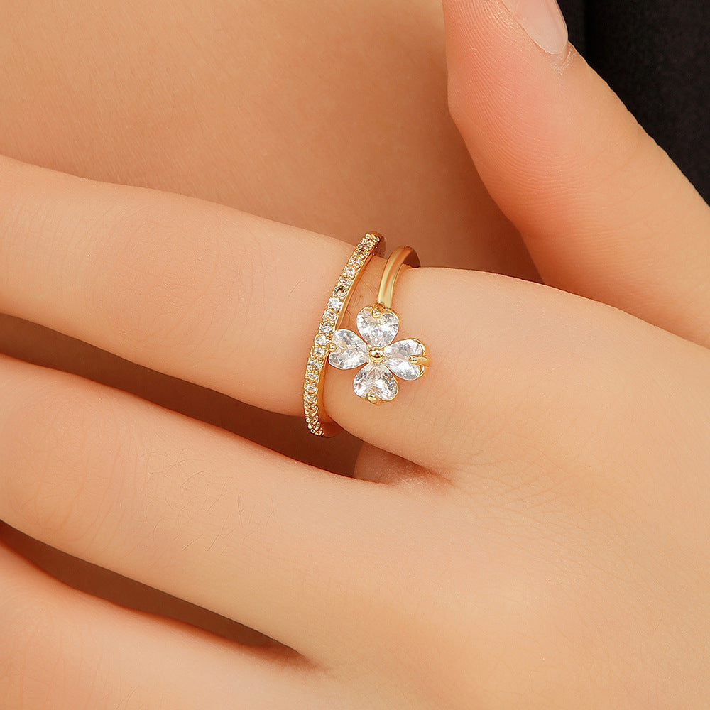 Wholesale Gold Four Leaf Clover Zircon Ring Elegant Fashion Jewelry Accessory For Gift Boutique Resale