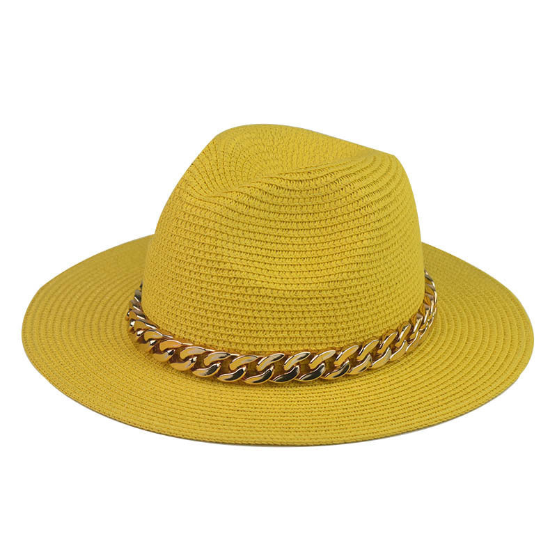 Wholesale Trendy Wide Brim Straw Hat With Gold Chain Decoration Flat Top Khaki Sun Hat For Summer Casual Wear