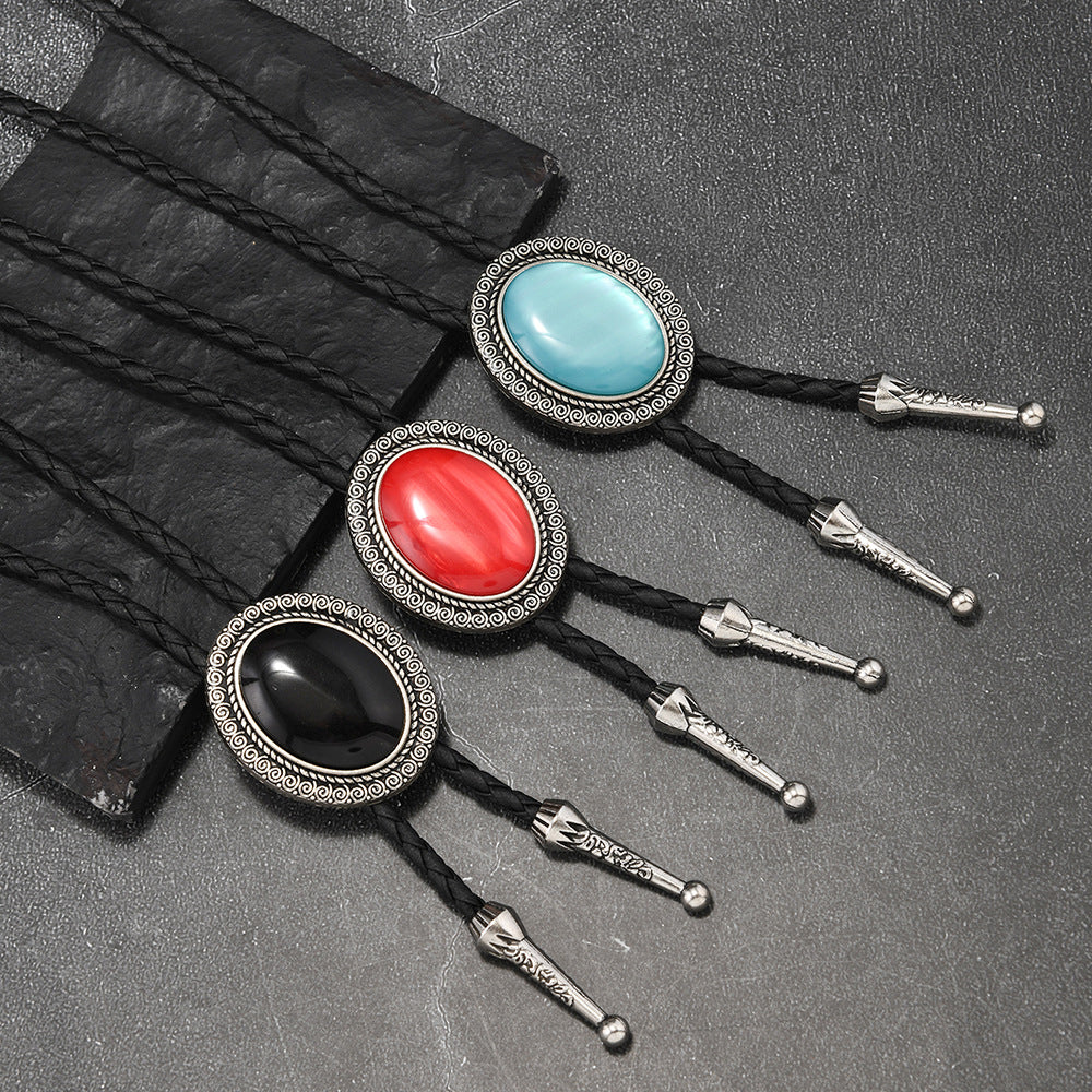 Wholesale Trendy Black Leather Bolo Tie Necklace Agate Gemstone Pendant Fashion Accessory