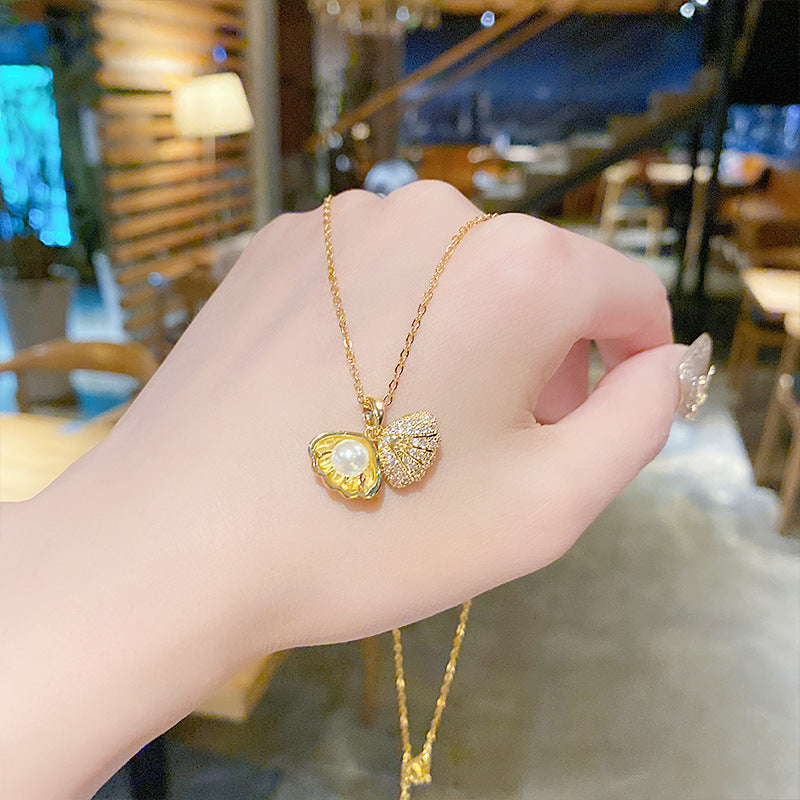 Wholesale Korean Style Shell Pearl Zircon Stainless Steel Necklace – Chic Jewelry Accessory for Women
