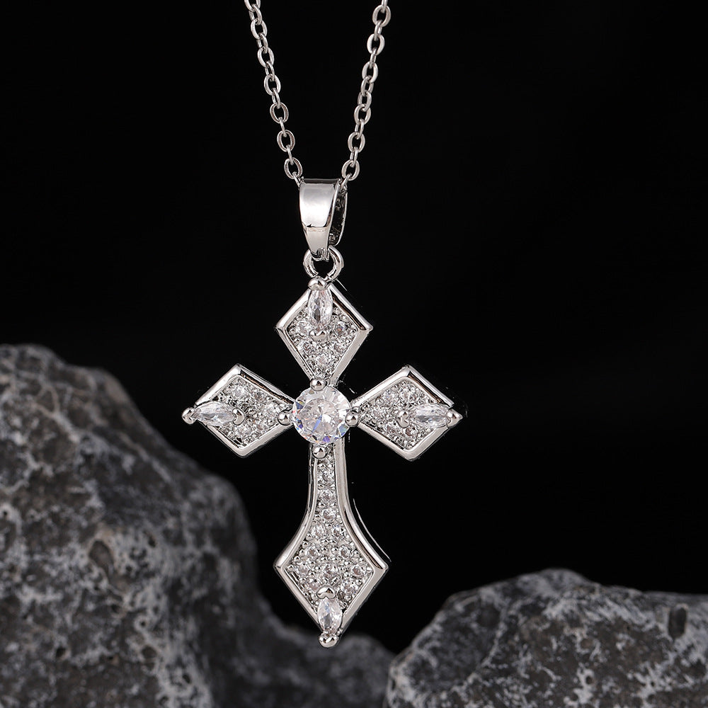 Wholesale Stylish Cross Pendant Necklace For Women Gold Plated Copper With Zircon Fashion Accessory Gift