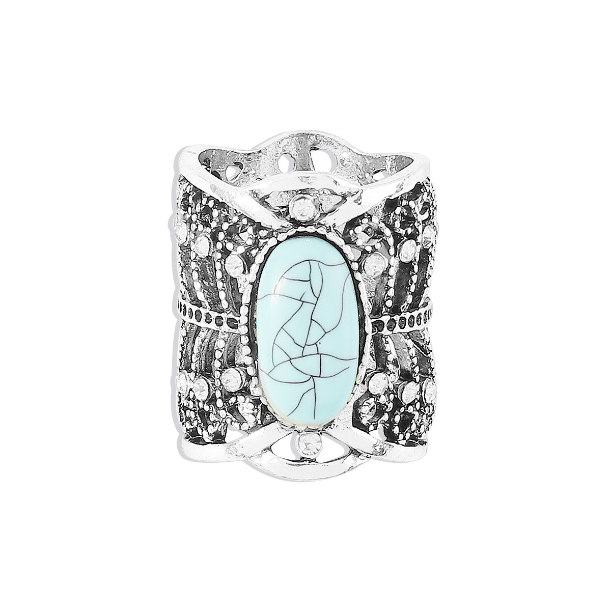Wholesale  ethnic turquoise diamond ring retro elegant simple hollow wide alloy ring