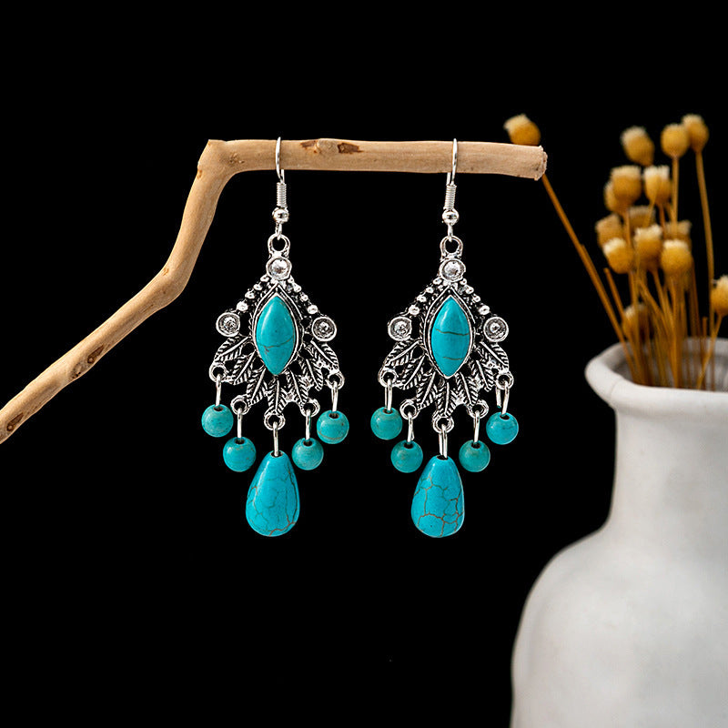Wholesale Retro Ethnic Style Blue Turquoise Hollow Ring Flower Tassel Earrings Jewelry Accessory
