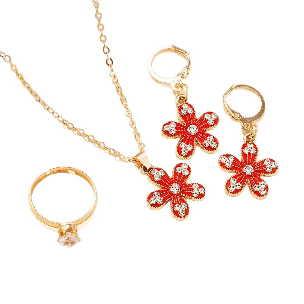 Wholesale Trendy Red Flower Rhinestone Necklace and Earrings Set,  Metal Electroplated Multi-Layer Chain,  Boutique Resale