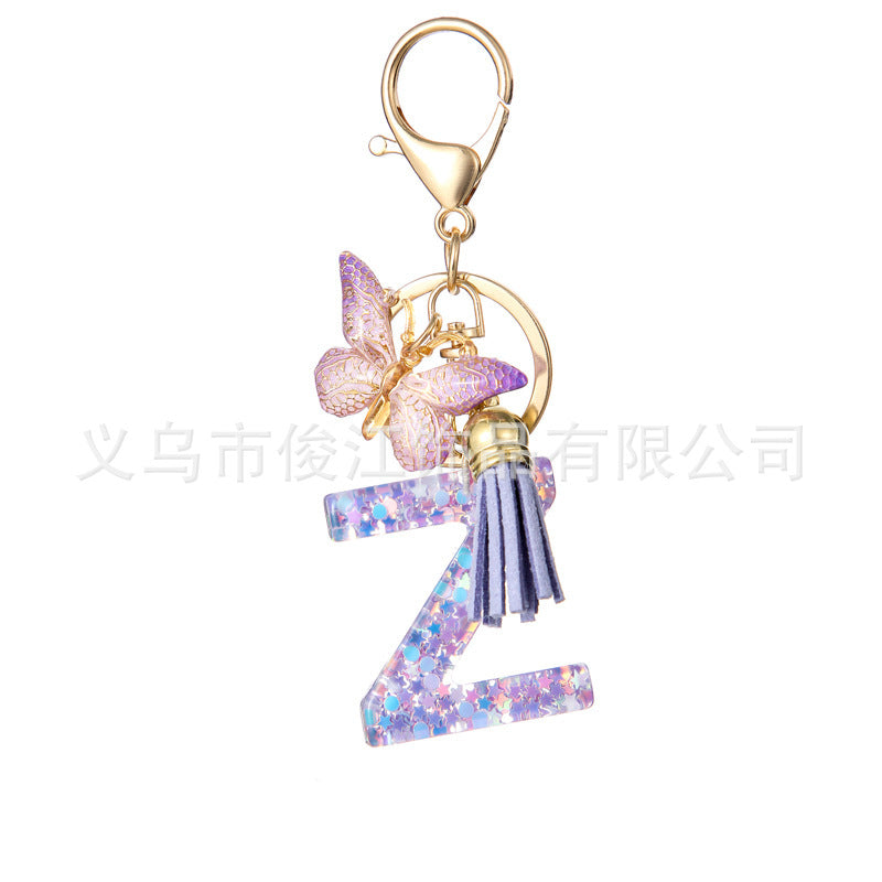 Wholesale Purple Star Tassel Resin Keychain 26 English Letters Bag Charm For Women Students Fashion Decorative Accessory
