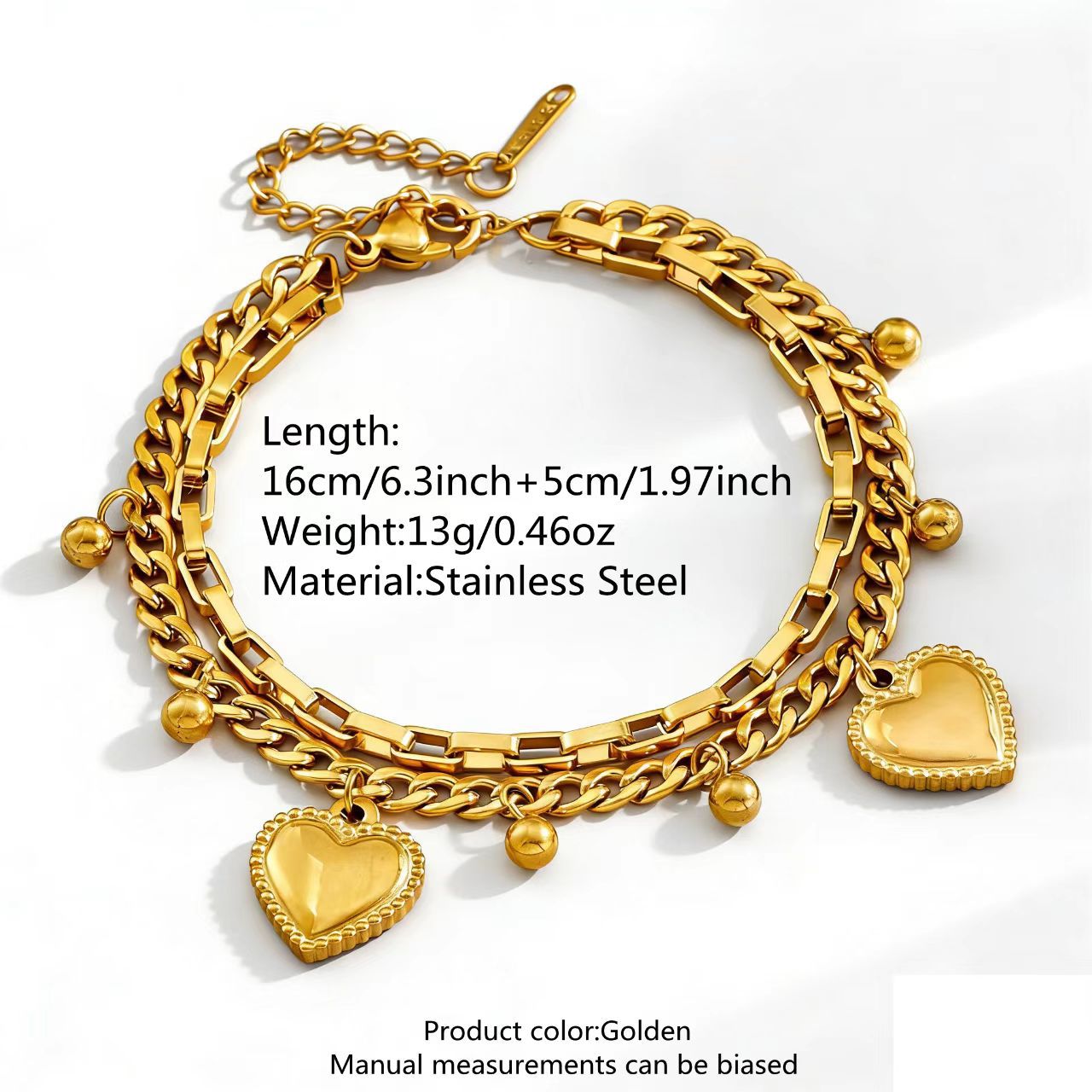 Wholesale Stainless Steel Electroplated Heart Double Layer Bracelet Women' s Fashion Accessory