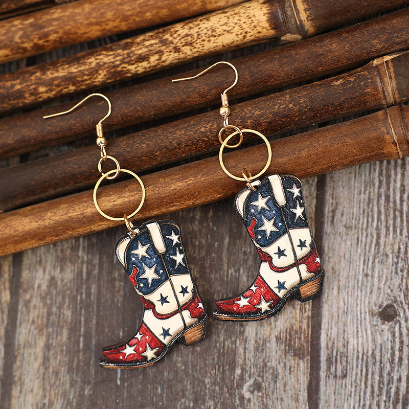 Wholesale American Independence Day Retro Western Boots Five-pointed Star Wooden Earrings