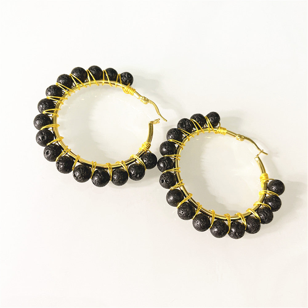 Wholesale Round Stone Volcanic Rock Synthetic White Turquoise Earrings