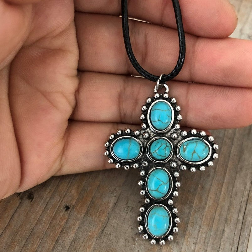 Wholesale Vintage Cross Turquoise Pendant Necklace