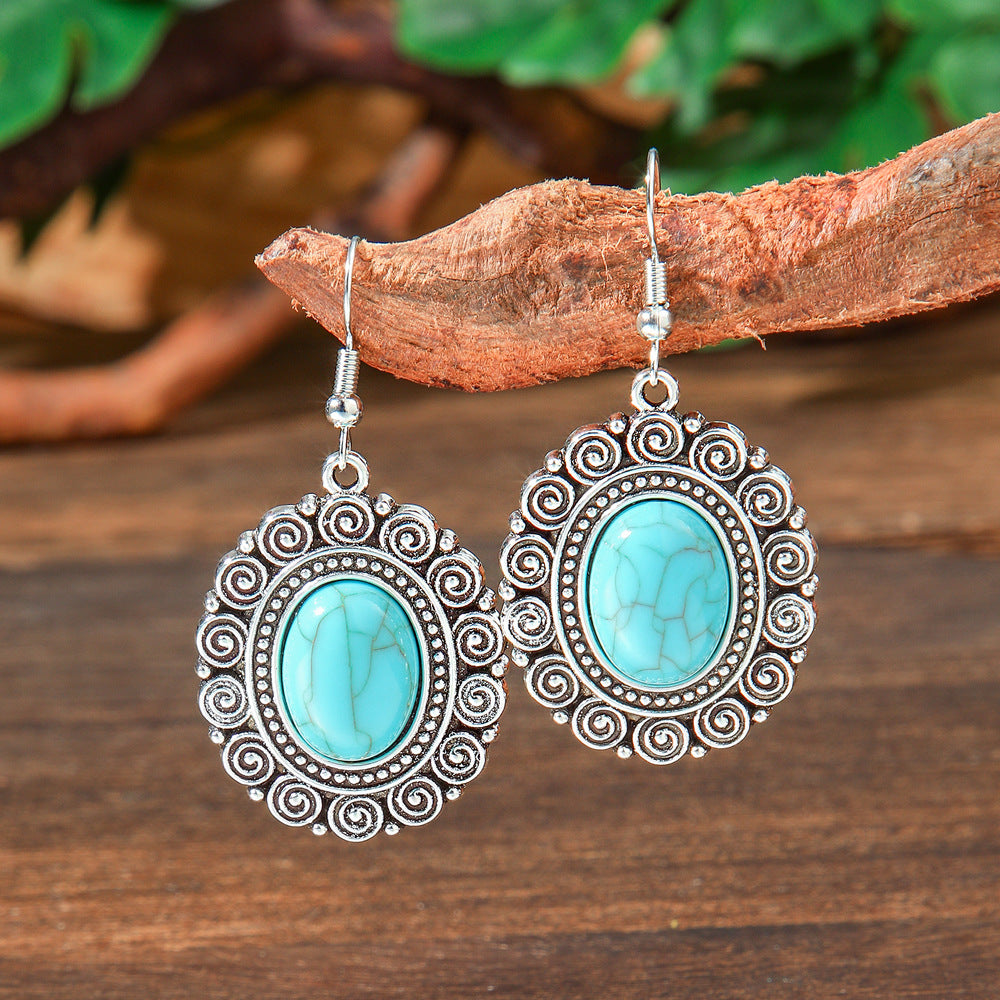 Wholesale Ethnic Style Turquoise Drop Earrings Zinc Alloy Electroplated Boutique Jewelry Accessory