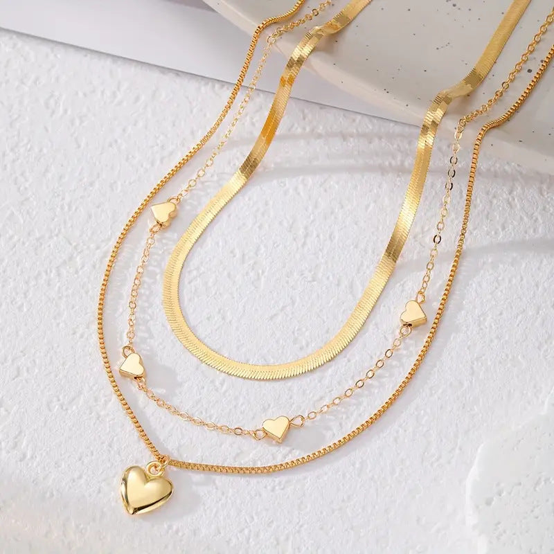 Wholesale Multi Layer Heart Pendant Necklace Gold Snake Chain Layering Jewelry Fashion Accessory Gift Boutique Resale
