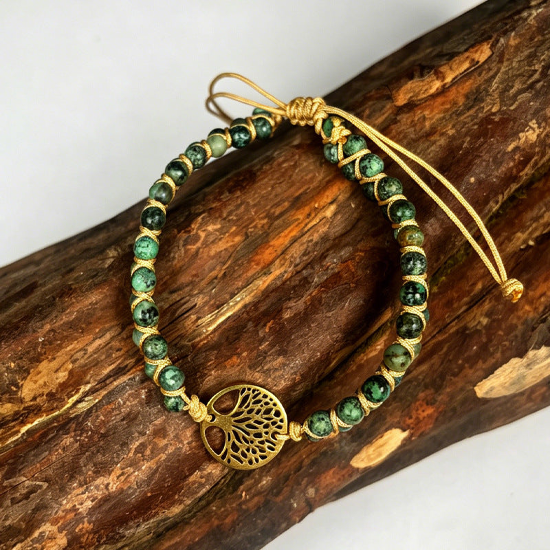 Wholesale Natural Stone Double Layer Woven Bracelet Tree Of Life Blue Turquoise Adjustable Drawstring Stylish Fashion Accessory