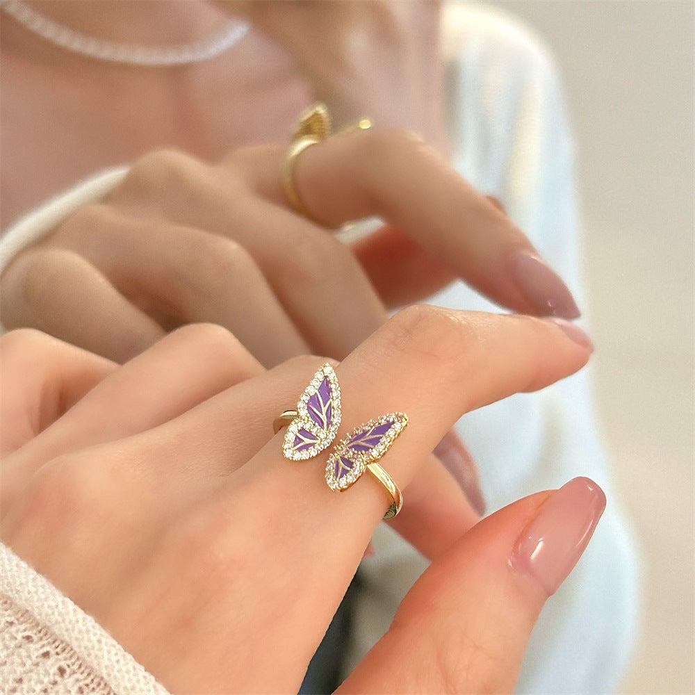 Wholesale Colorful Mother-of-pearl Enamel Butterfly Ring Open Ring Hand Jewelry ACC-RS-Yues011