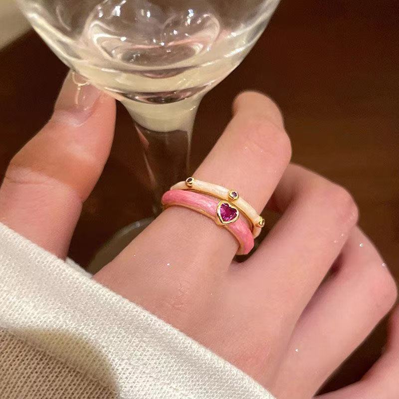 Wholesale Macaron-Colored Dopamine Retro Zircon Enamel Ring French Style Stackable Index Finger Ring for Women
