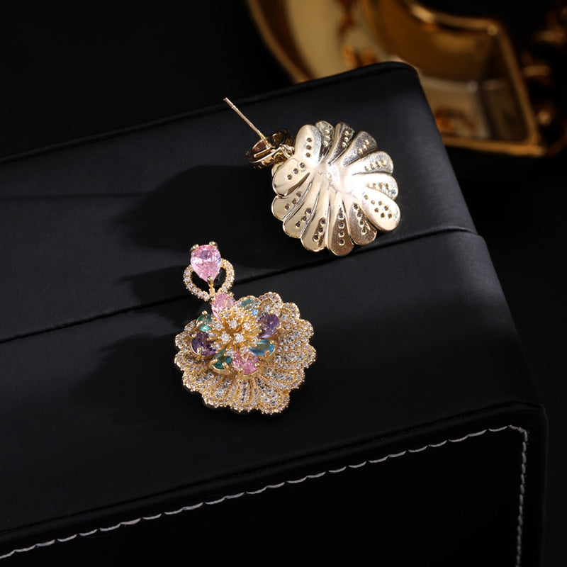 Wholesale 925 silver thick real gold plating micro inlaid zircon Diamond Flowe earrings