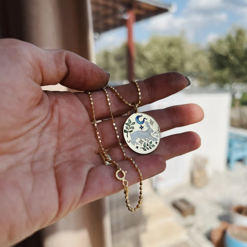 Wholesale Painted Oil Drip Rabbit Element Titanium Steel Necklace Oval Tarot Card 18K Gold Plated Necklace ACC-PT-JiP003