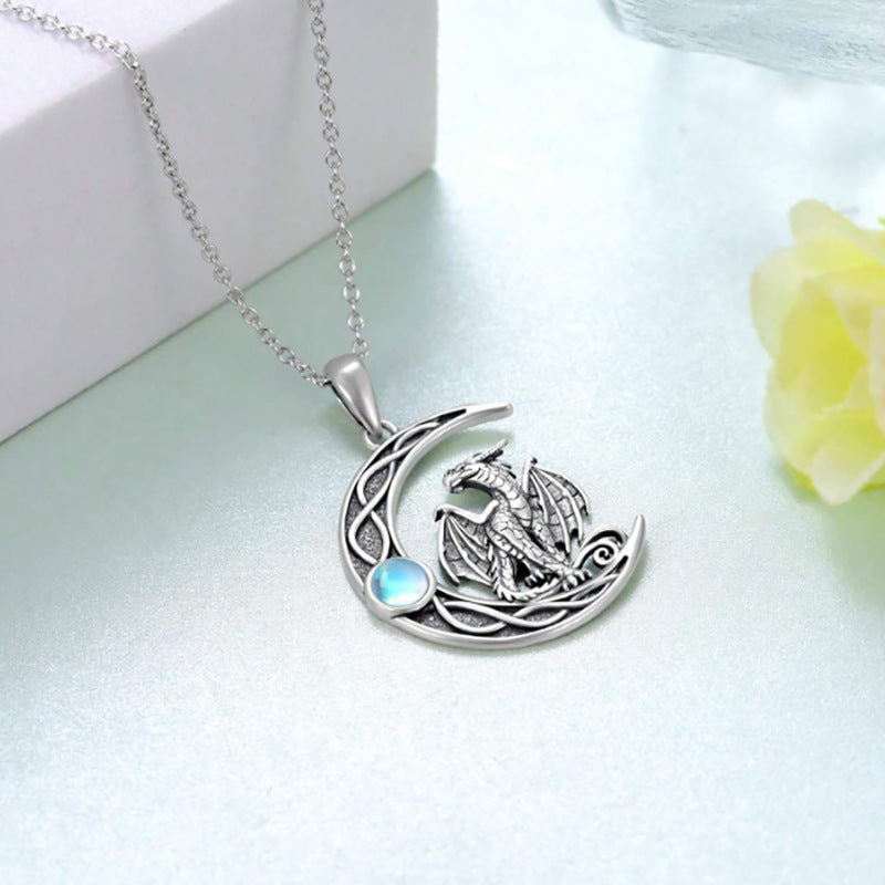 Wholesale  Creative Moon Magic Dragon Hollow Pendant Fashion Inlaid Moonstone Necklace