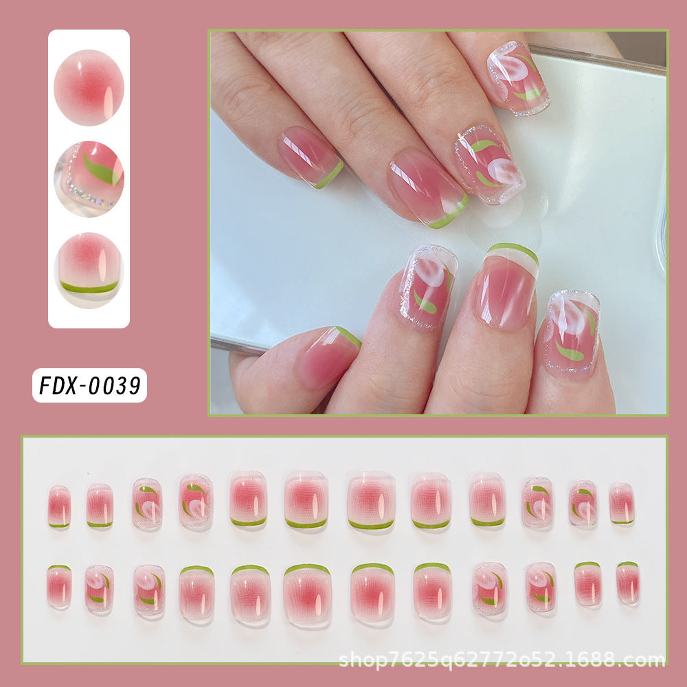 Wholesale 24Pcs Christmas Press On Nails Short Square Almond Gradient Rhinestone Cute Flower Design For Boutique Resale