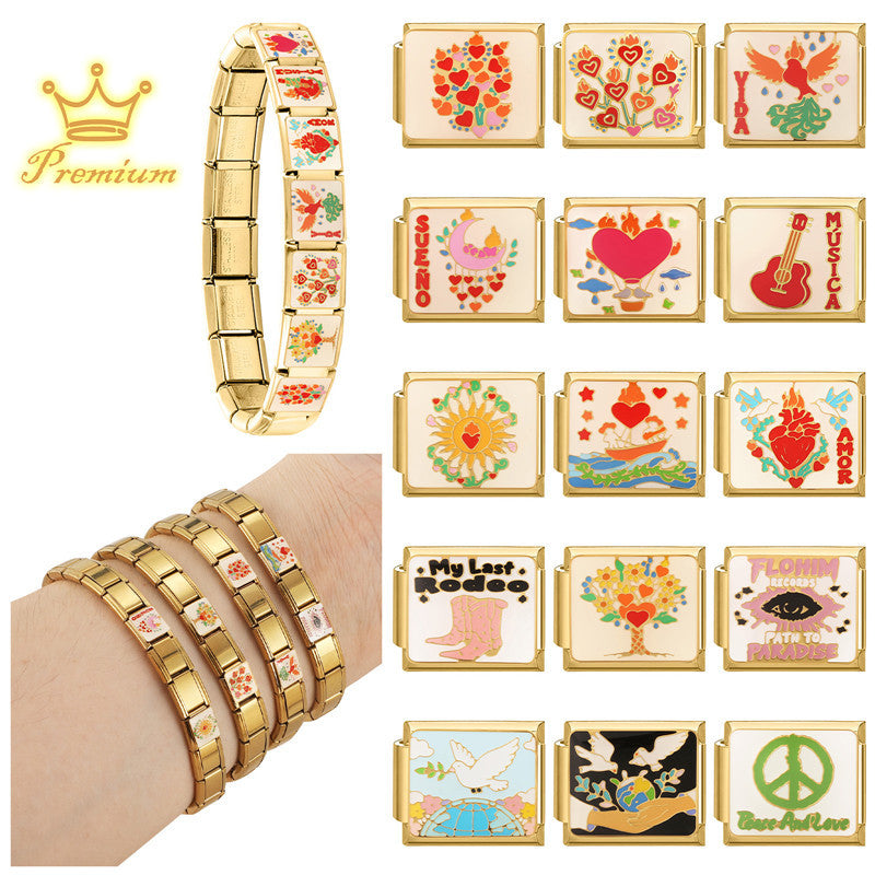 Wholesale Stainless Steel DIY Bracelet Gold Plated Love Music Peace Theme Fashion Accessory for Jewelry Making