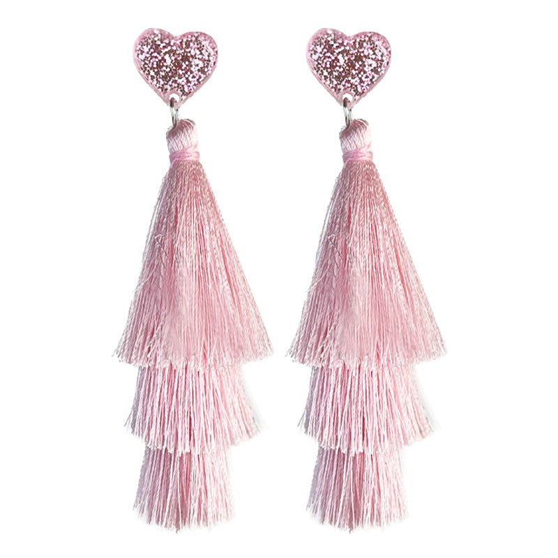 Wholesale 2 pairs/pack Valentine's Day Pink Multi-layer Heart Tassel Earrings ACC-ES-HY212