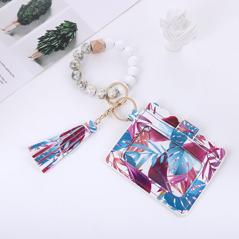 Wholesale Leopard Plaid Western Style Card Holder Silicone Beaded Wristlet Keychain ACC-KC-QiuXue011