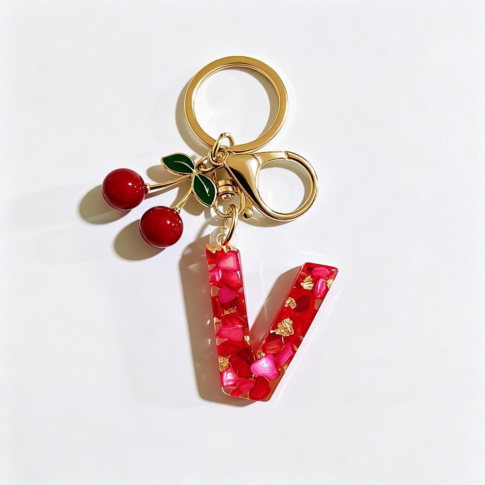 Wholesale Stylish Letter Keychain With Cute Cherry Pendant Plastic Bag Charm And Car Key Accessory Gift