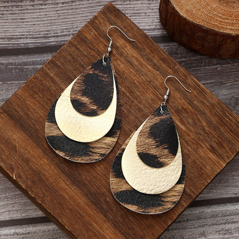 Wholesale  retro three-layer water drop leopard leather earrings