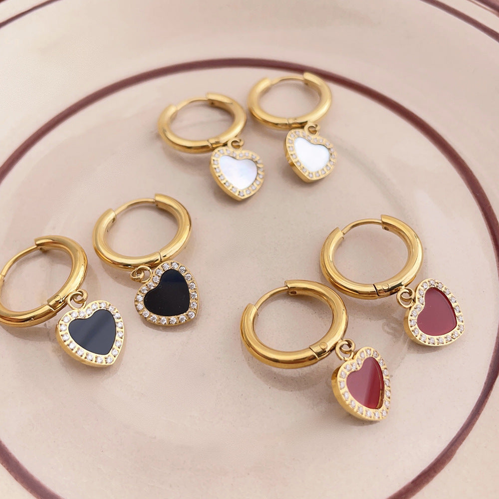 Wholesale Valentine's Day Retro Love Heart Full Diamond Circle Titanium Steel Earrings