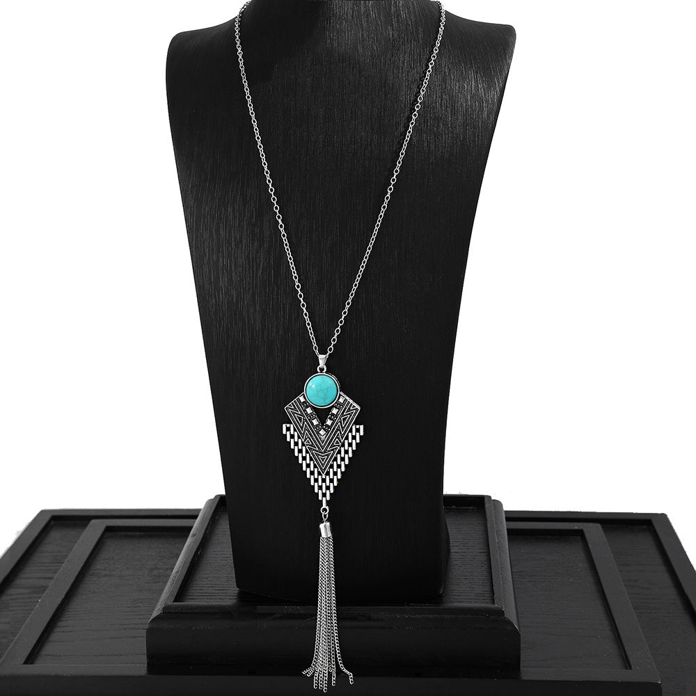 Wholesale European and American Foreign Trade Multi-Color Turquoise Fashionable Tassel Geometric Necklace Retro Ethnic Style Versatile Daily Accessories