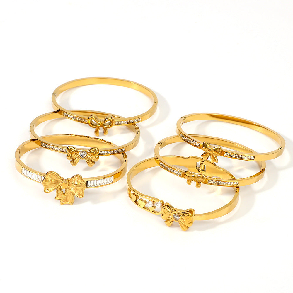 Wholesale Bow Inlaid Zircon Asymmetric Stainless Steel 18k Gold Plated Buckle Bracelet ACC-BT-XinY028