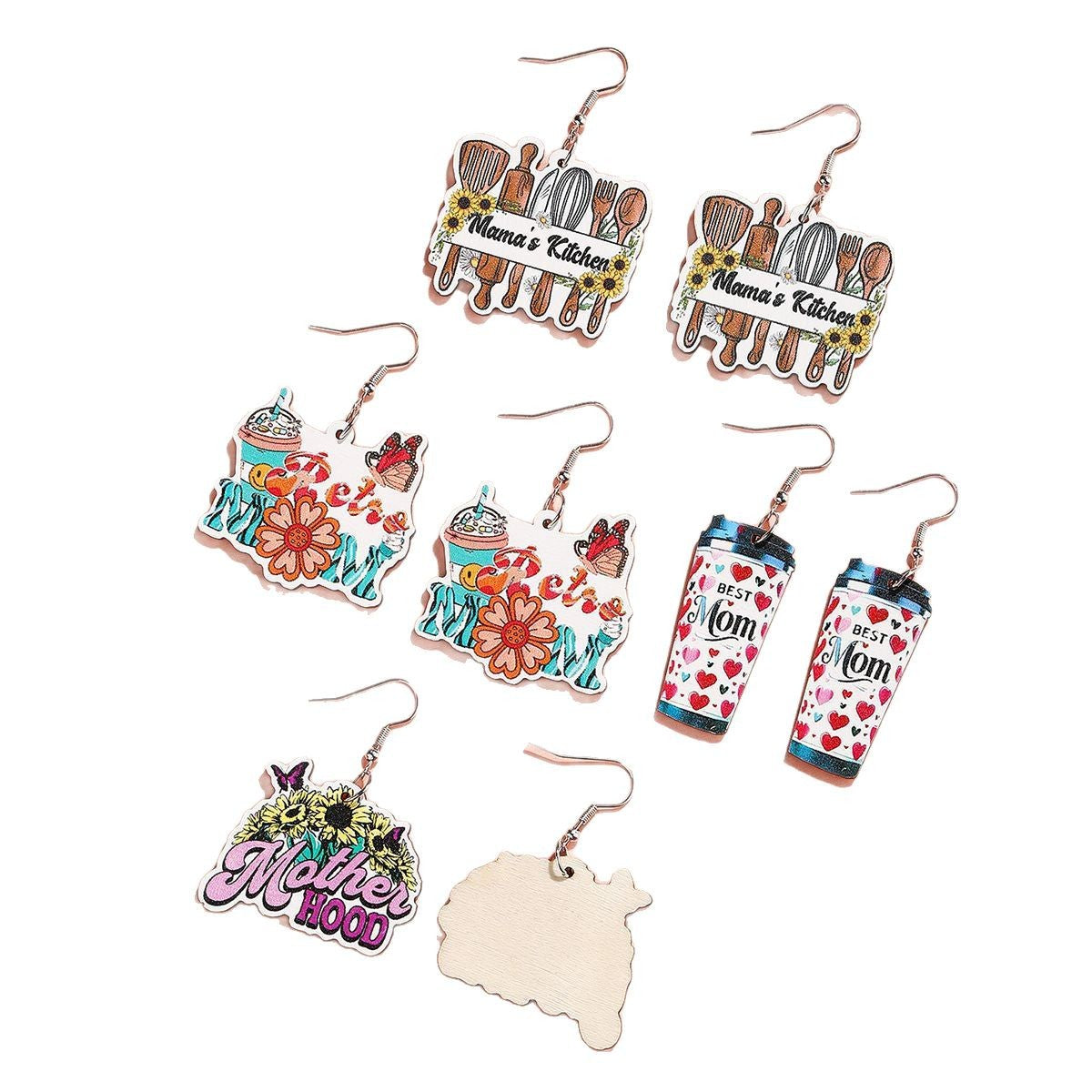 Wholesale  Mother's Day Wooden Earrings Cartoon MOM Coffee Milk Tea Cup Earrings