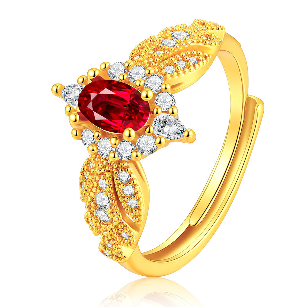 Wholesale Trendy French Royal Style Adjustable Copper Zircon Ring Golden Ruby Electroplated Finish Boutique Jewelry Gift