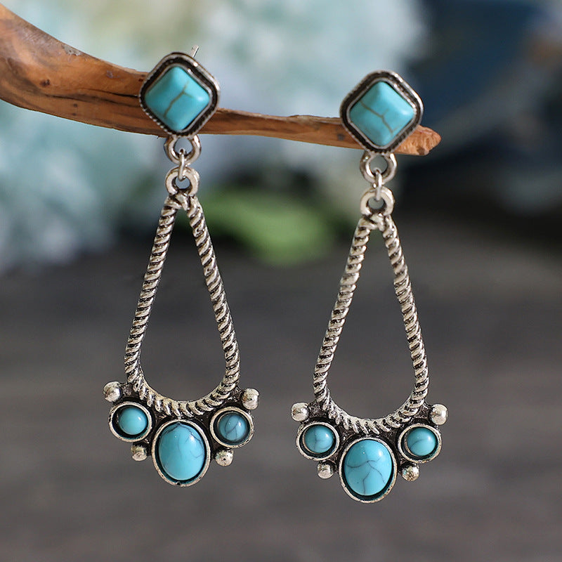 Wholesale Alloy Electroplated Geometric Hollow Earrings Retro Turquoise Bohemian Jewelry Accessory